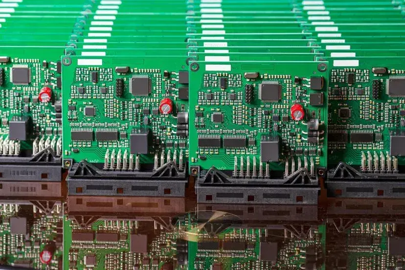 Close-up of a printed circuit board with various components.