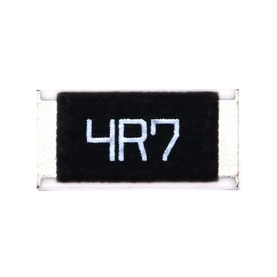 A close-up of a 4R7 SMD resistor on a circuit board.