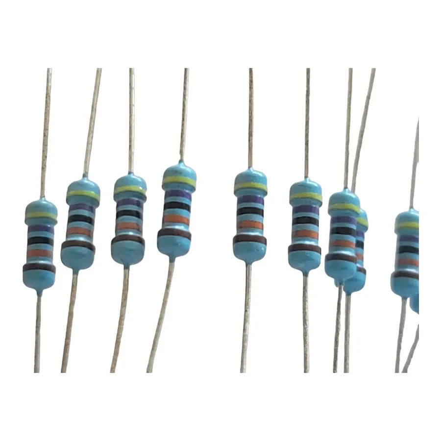 A 470k resistor soldered onto a circuit board.