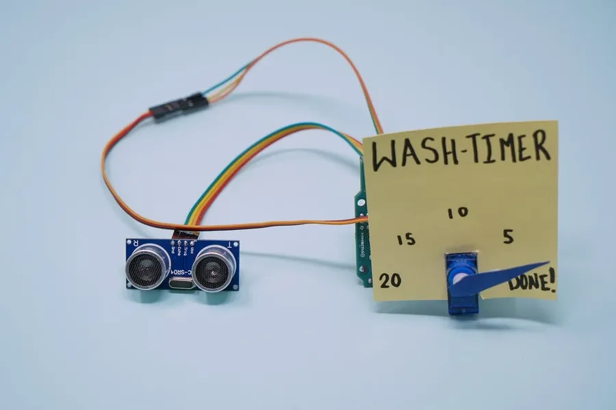 A completed electronic project on a desk.