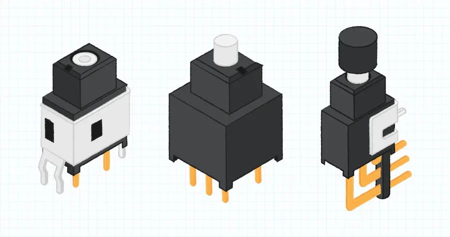 A variety of different electric button switches, showing different sizes and shapes.