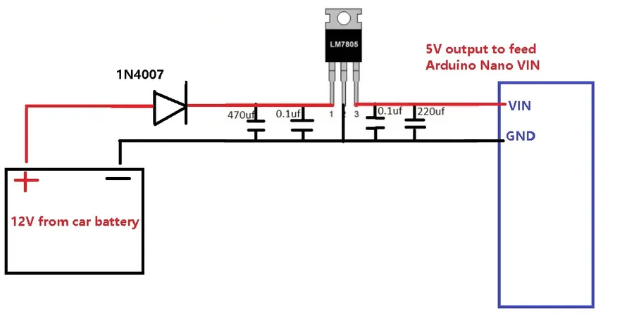 A circuit diagram showcasing an advanced LM7805 circuit with additional components.