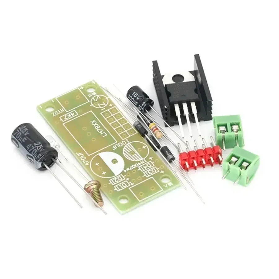 An LM7805 regulator connected to a microcontroller on a breadboard.