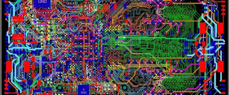A high-density printed circuit board with a complex layout of components and traces.