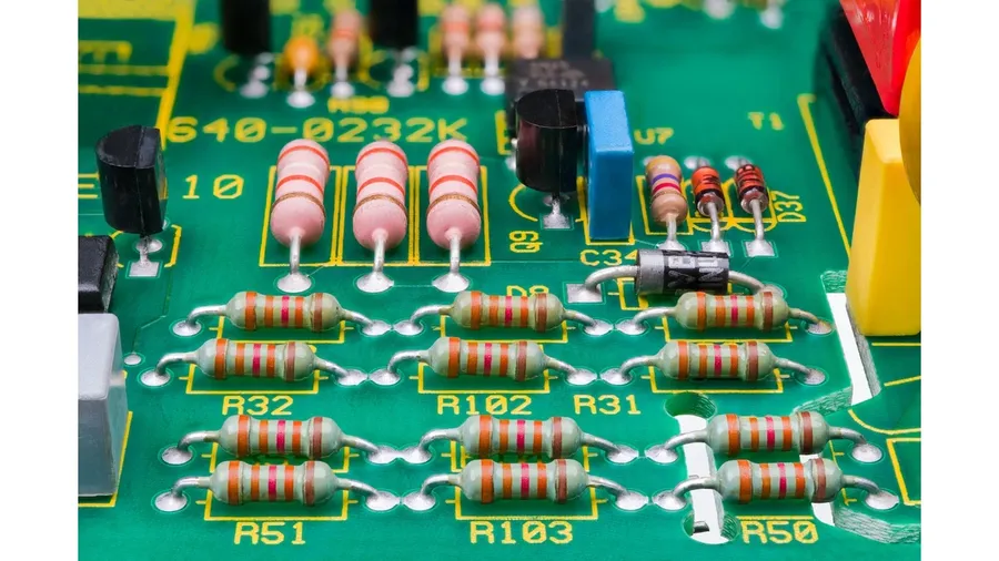 Various resistors, including a 330 ohm resistor, soldered onto a circuit board.
