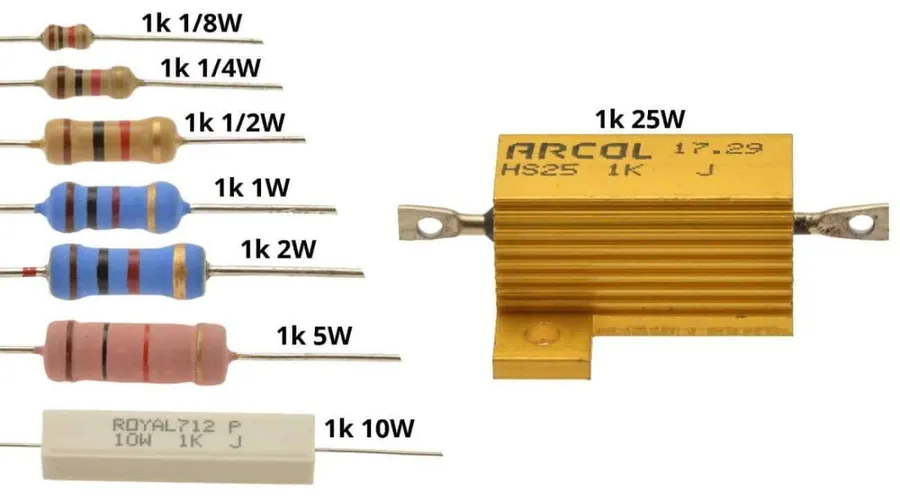 Various resistors showing different physical sizes associated with wattage.