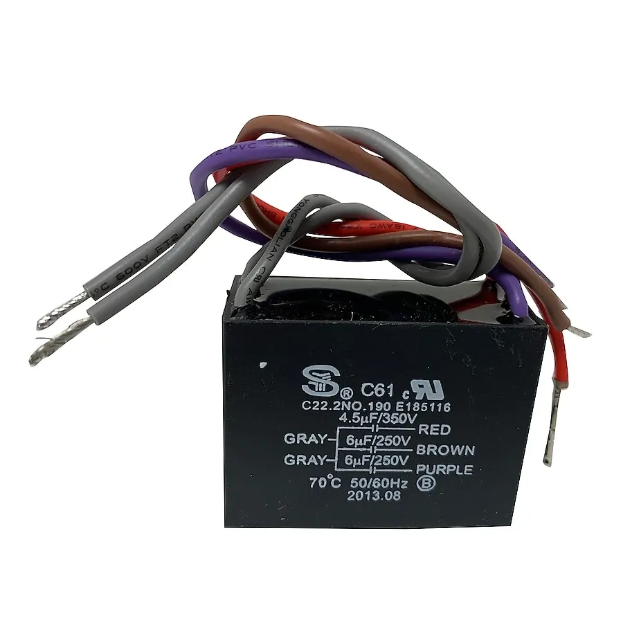 A detailed label on a ceiling fan capacitor, showing specifications.
