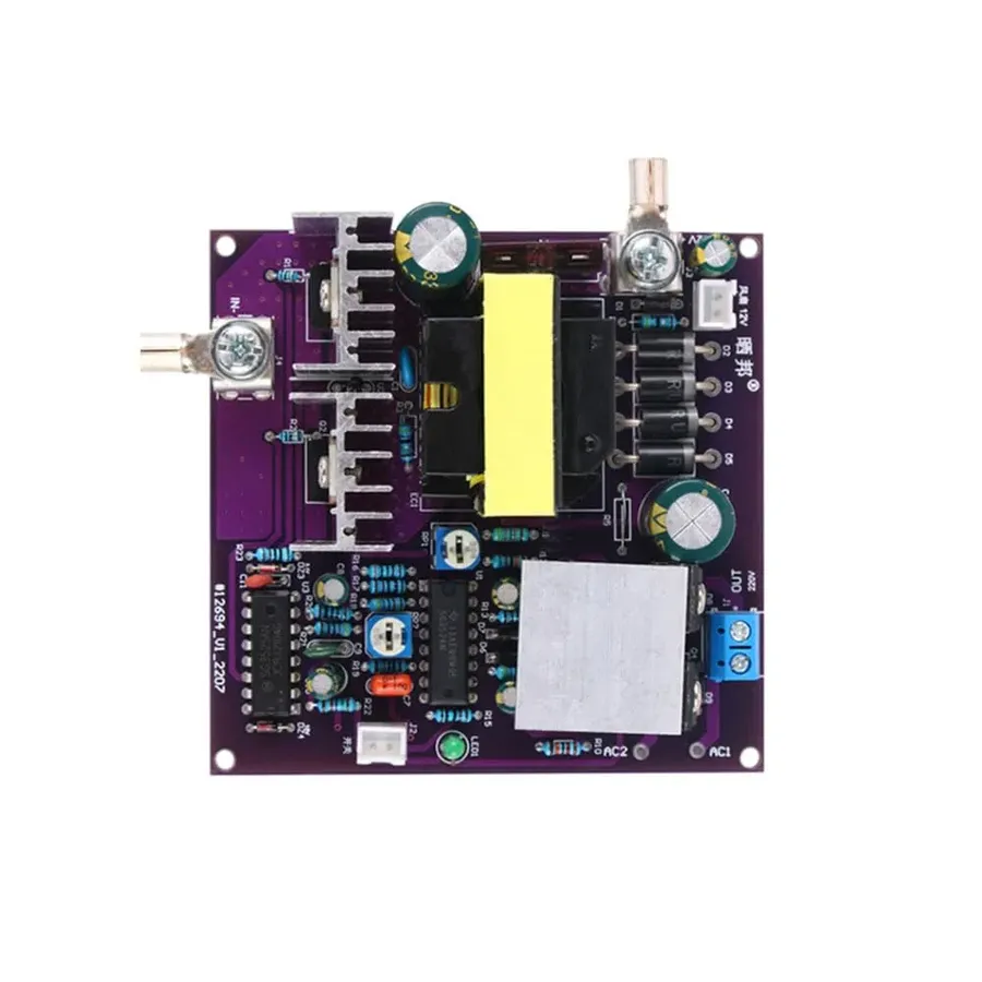 A close-up of a 12V to 220V inverter circuit board.