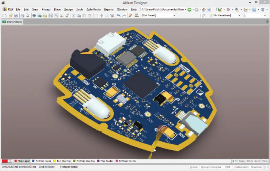 3D rendered view of a PCB in Altium Designer.