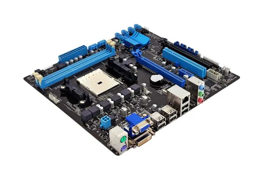 A picture of a computer motherboard with different slots and ports.