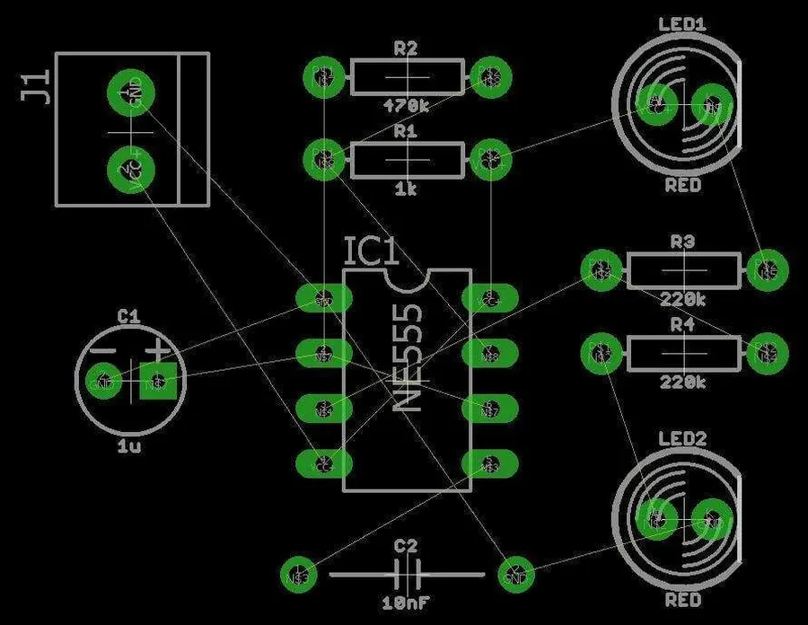 A view of different component orientations on a printed circuit board.