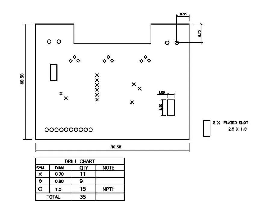 A technical drawing illustrating PCB dimensions and tolerances.