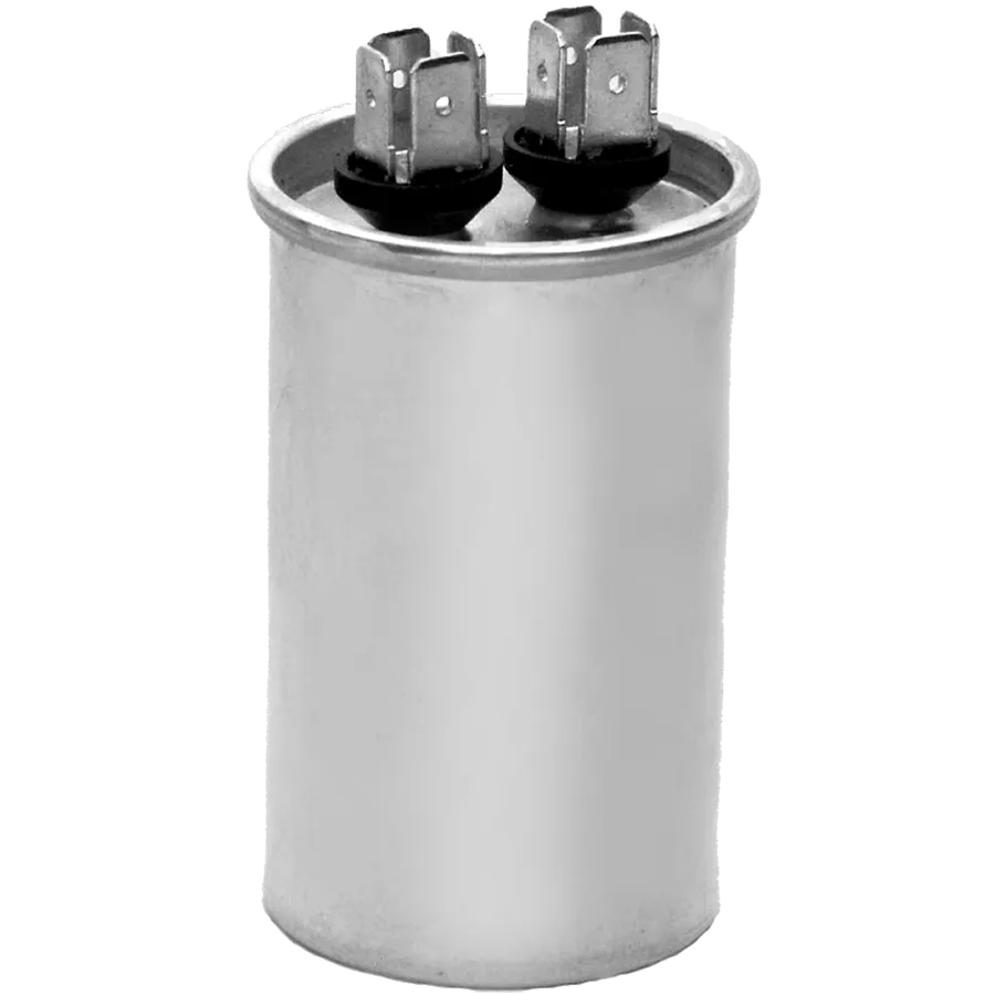 Side-by-side view of a single run capacitor and a dual run capacitor.