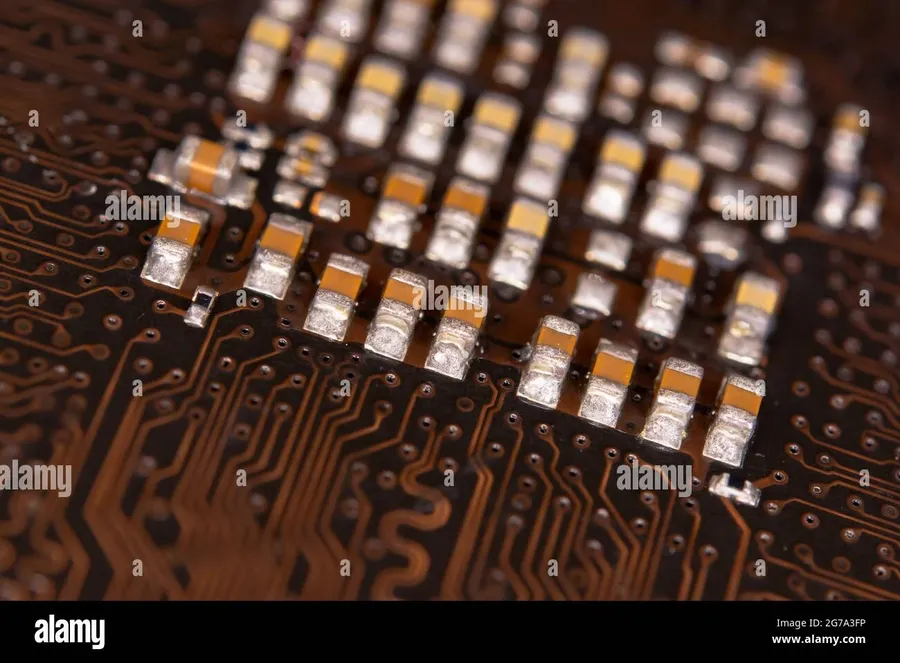 A close-up shot of several ceramic capacitors with their distinct markings.