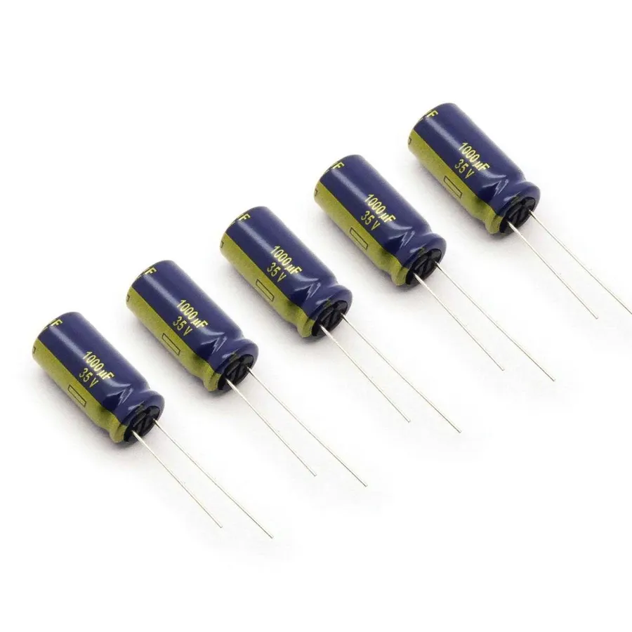 Close up shot of various Panasonic aluminum electrolytic capacitors.