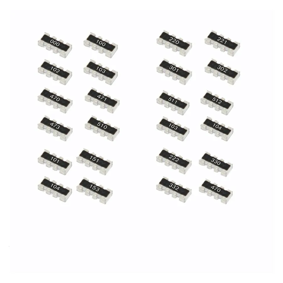 A close-up of a surface mount resistor array.