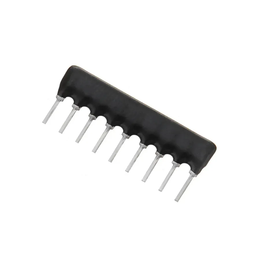 A through-hole resistor array with pins.