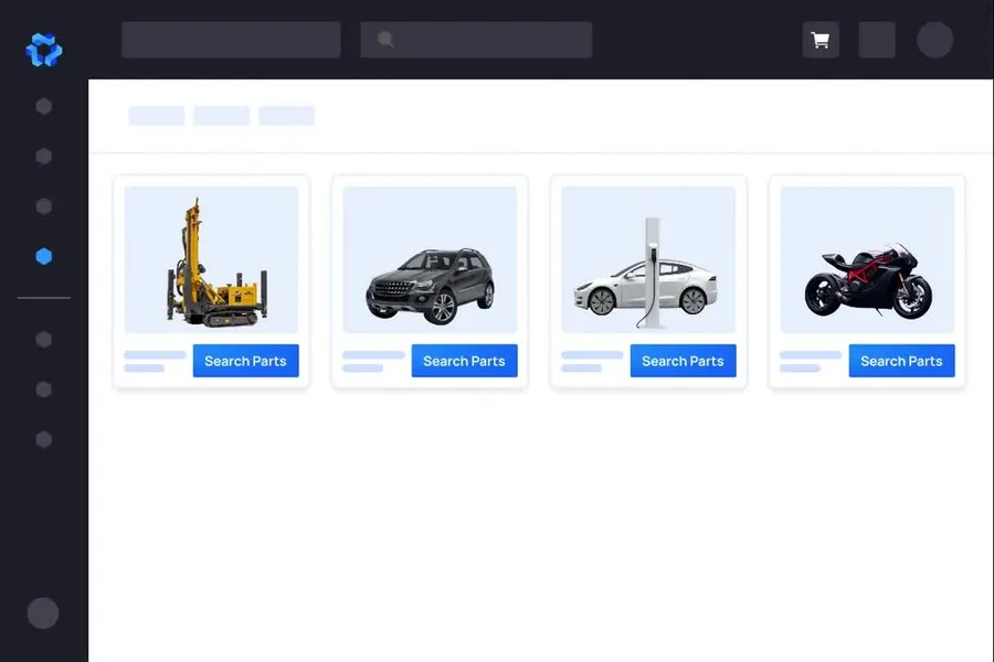 An electronic parts catalog using an AI chatbot interface for searching.