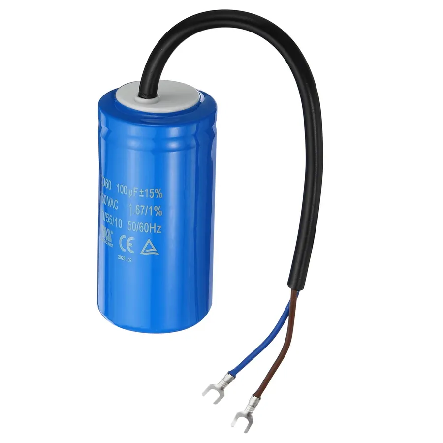 Two capacitors, a start capacitor and a run capacitor side by side.