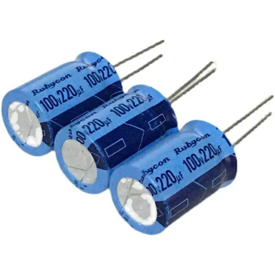 An audio amplifier circuit board with Rubycon capacitors.