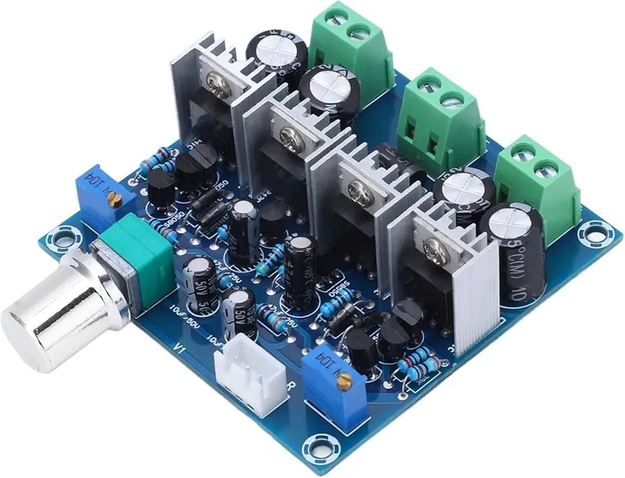 A circuit board with MKP capacitors in an audio application.