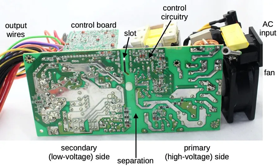 A power supply circuit board utilizing MKP capacitors.