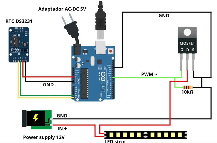A circuit diagram showing a digital potentiometer used for LED dimming with Arduino.