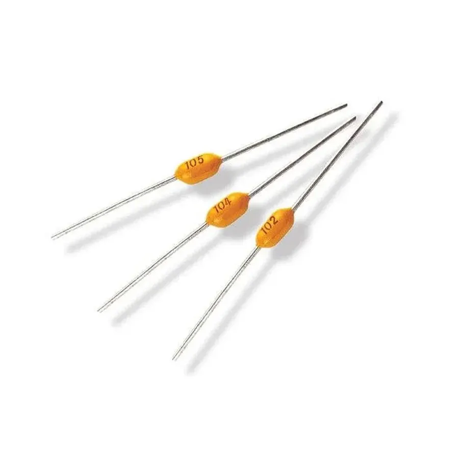A collection of axial monolithic capacitors of different sizes.