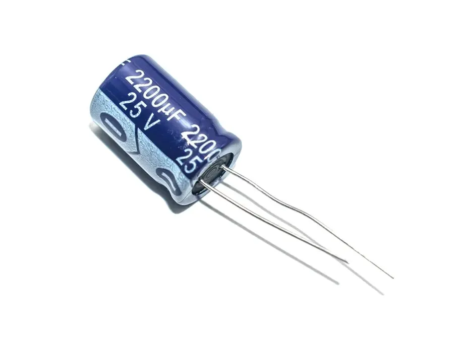 A 2200uf 25v capacitor showing its markings.