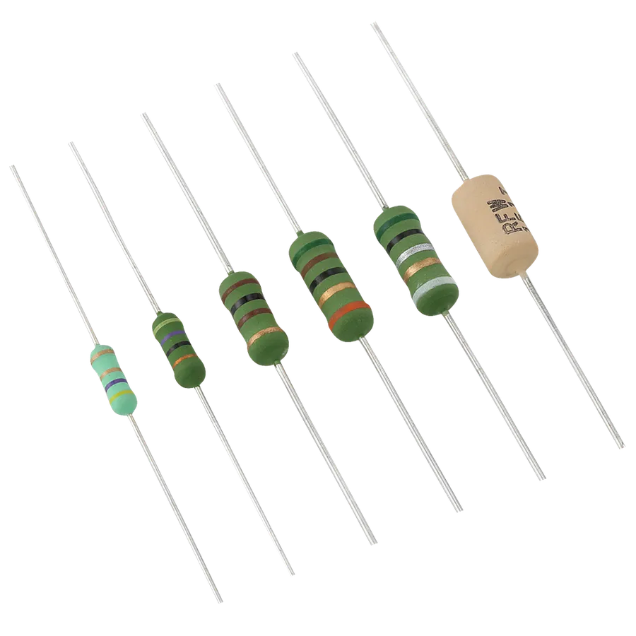 A picture of several axial lead resistors.