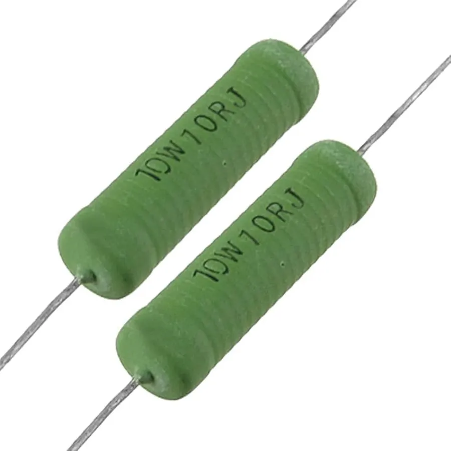 A close up of a wire wound resistor.