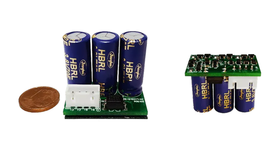 A lithium capacitor powering a device.