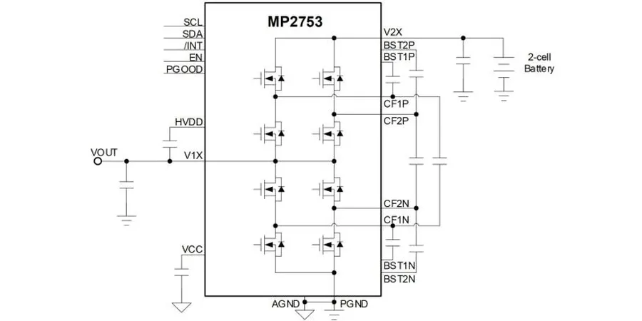 A circuit diagram illustrating different configurations of a switched capacitor converter.