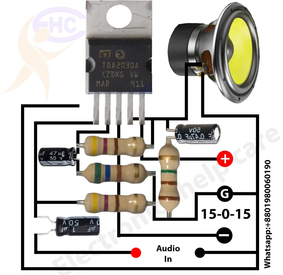 A circuit board showcasing a basic TDA2030 amplifier circuit.