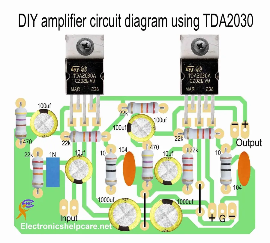 A detailed schematic of a TDA2030 amplifier circuit.