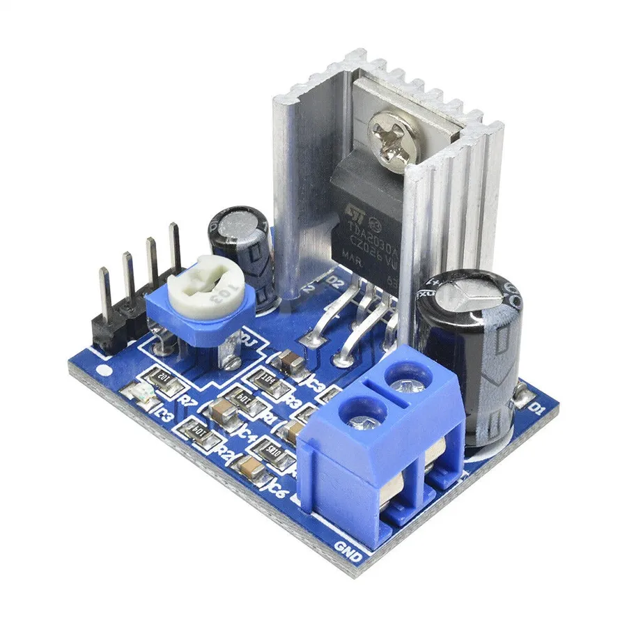 A complete stereo amplifier built with TDA2030 chips.