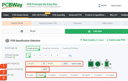 A screenshot of a PCB online quoting platform with input fields and price breakdown.