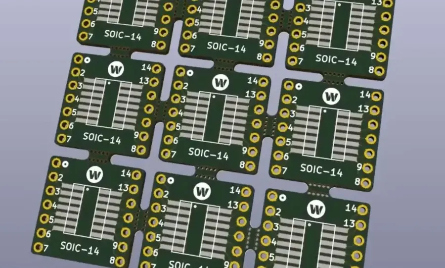 A PCB panel with multiple PCBs arranged together.