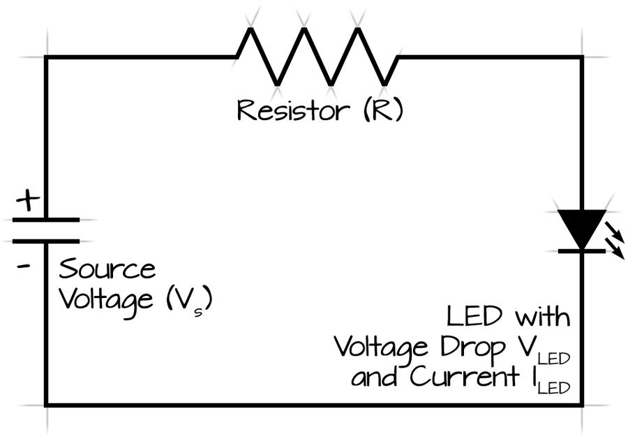 A 12V LED connected to a resistor on a circuit board.
