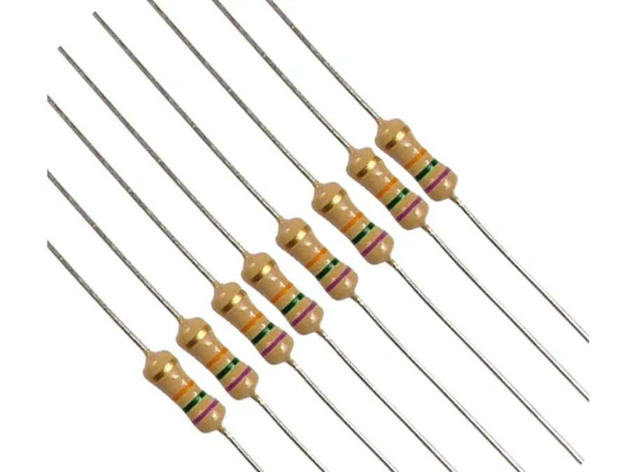 Different types of fixed resistors, including carbon film and metal film resistors.