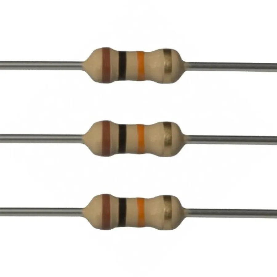A close-up of a 10k ohm resistor with its color bands visible.