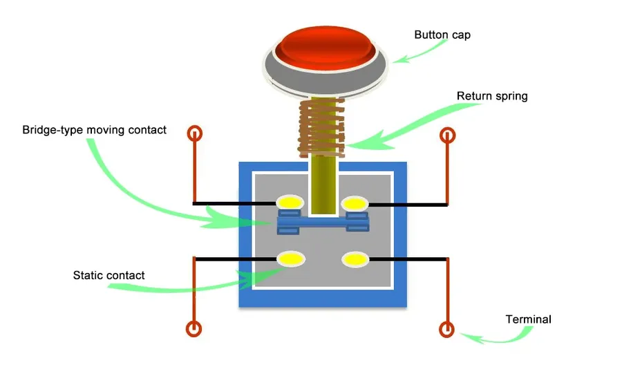 An illustration showing the internal parts of a switch and how it operates.