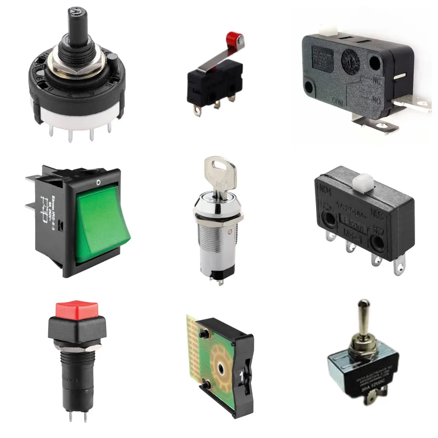 A collection of different electrical switches, including toggle, rocker, and push-button switches.