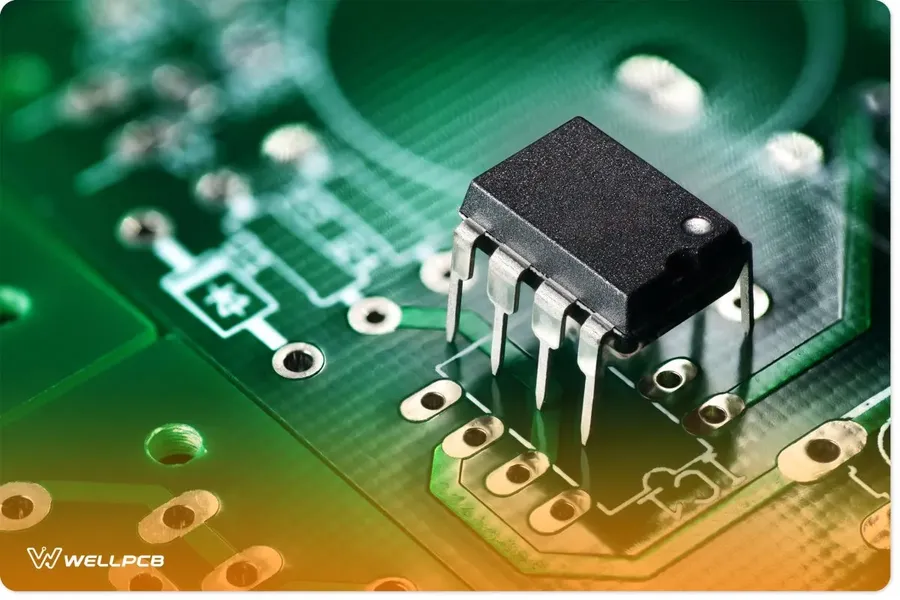 A PCB with through-hole components being manually assembled.
