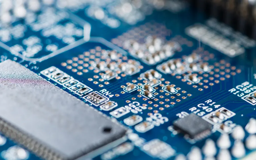 A close-up of a PCB with surface mount components.