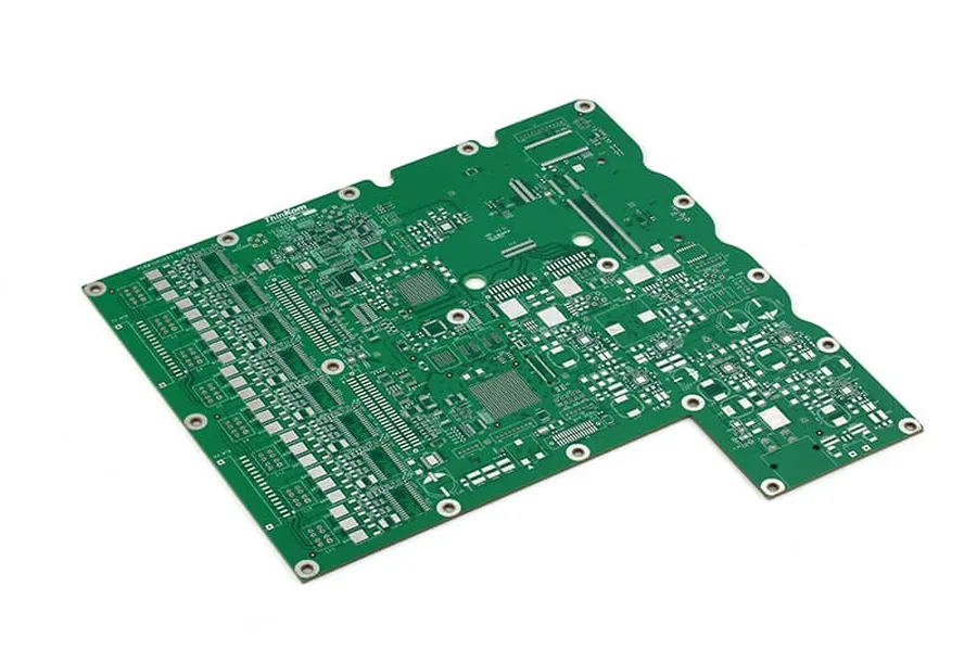 A close-up view of a rigid PCB with visible traces and components.