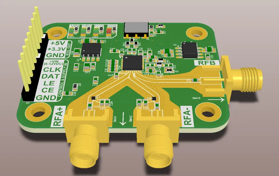 An RF PCB layout with components placement and routing.