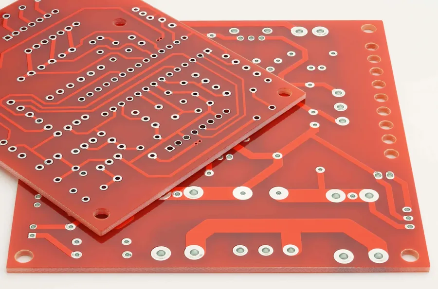 A single sided PCB design layout, showing traces and component placement.