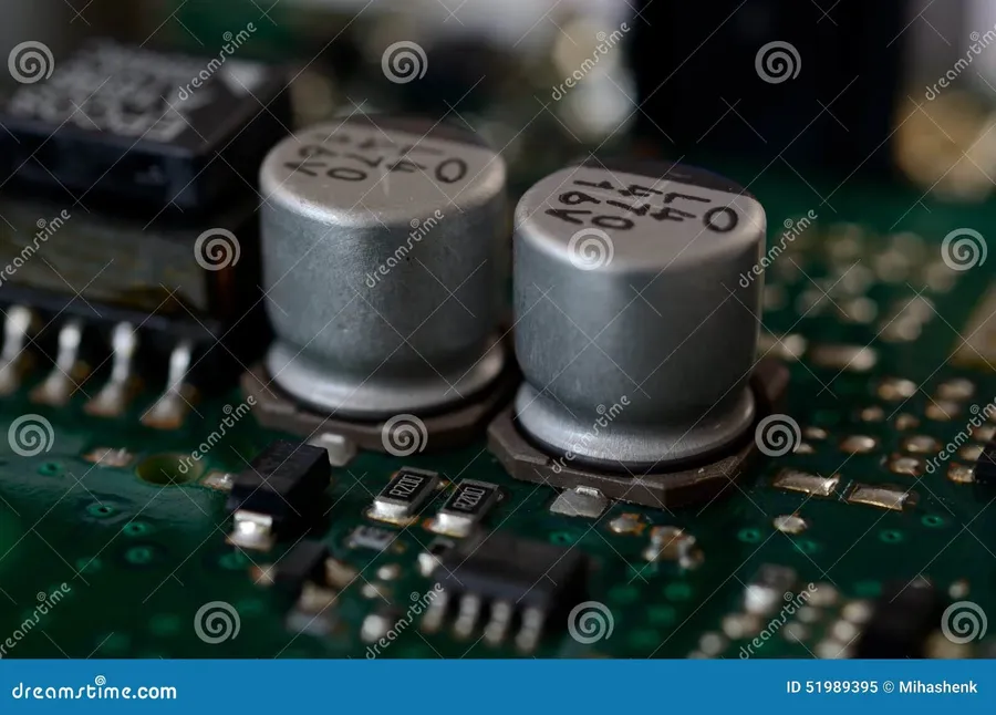 A close-up view of various capacitors on a printed circuit board.