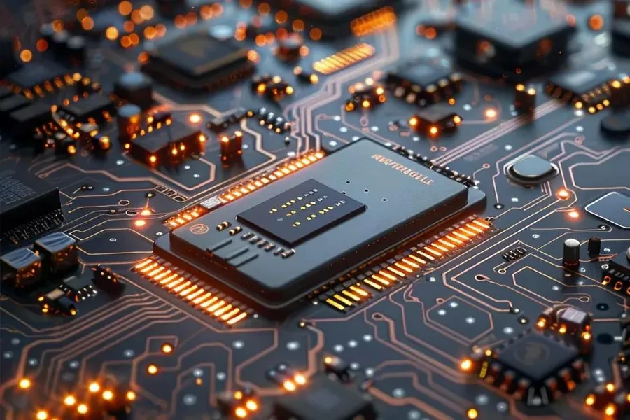 Close-up of the circuitry on a main PCB, showing traces and solder joints.